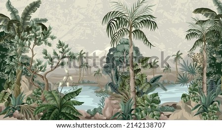 Jungle landscape with river and palms. Interior print mural