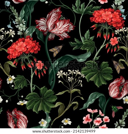 Seamless pattern with tulips, geraniums and bugs. Vector