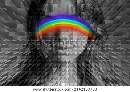 Black and white NFT portrait Young woman with pixel multicolored rainbow, digital artist, remote work, digital nomad, digital painting, animation