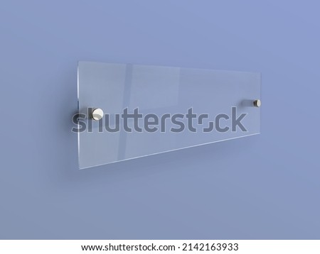 Wide rectangle blue glass nameplate plate on spacer metal holders. Clear printing board for branding. Acrilic advertising signboard on blue background mock-up side view. proportional 1 to 3.