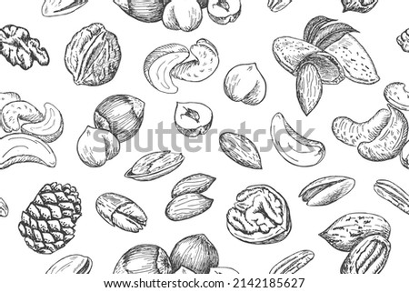 Seamless pattern with nuts - almond, cashew, walnut, pecan, pistachio. Vintage vector illustration background with hand drawn sketch. Food texture for grocery shop. Line art style. Royalty-Free Stock Photo #2142185627