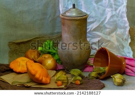 Clay pot and pumpkin Still Life. Artistic academic production