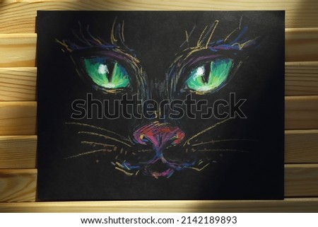 Cat's eyes picture pastel illustration. Green magical eyes. Halloween illustration. Mock up cat art