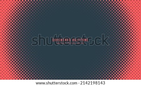 Halftone Checkered Pattern Vector Round Frame Red Blue Abstract Background. Chequered Rounded Square Dots Grid Subtle Pop Art Texture. Contrast Graphic Half Tone Structure Minimalist Art Wallpaper Royalty-Free Stock Photo #2142198143