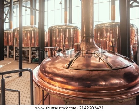 Brewery equipment. Brew manufacturing. Round cooper storage tanks for beer fermentation and maturation Royalty-Free Stock Photo #2142202421