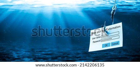 Login Information Attached To Large Hook Under Water With Sunlight - Phishing Concept Royalty-Free Stock Photo #2142206135