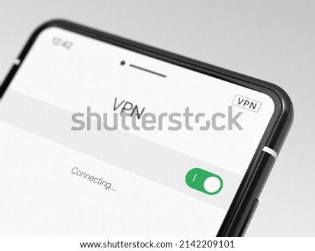 Black smartphone with VPN enabled, close-up. Modern cell phone with VPN, on a light background. Using a VPN on a smartphone. Selected focus Royalty-Free Stock Photo #2142209101