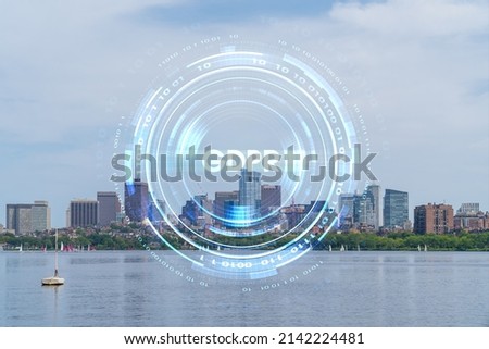 Panorama skyline, city view of Boston at day time, Massachusetts. Building exteriors of financial downtown. GDPR hologram is data protection regulation and privacy for all individuals within EU Area