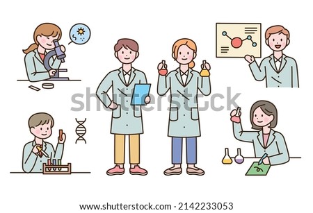 Scientist characters with cute faces are doing research with experimental equipment. flat design style vector illustration.