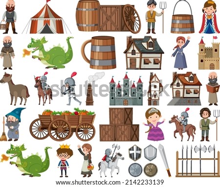 Medieval characters buildings set illustration