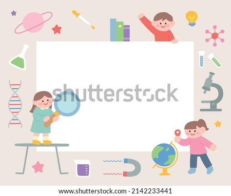 Banner template with cute kids and science experiment tools. flat design style vector illustration.