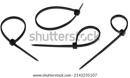 Collage black plastic cable ties isolated on white background. set plastic wire ties closeup. Royalty-Free Stock Photo #2142235107