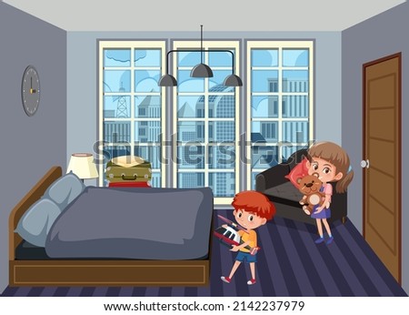 Bedroom scene with children cartoon character illustration