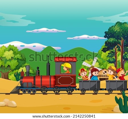 A kids in a train with natural scene illustration