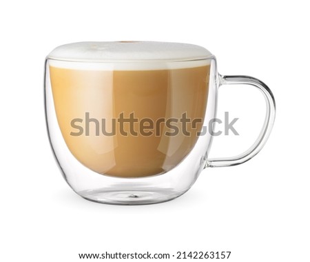 Flat white coffee in a transparent double wall glass cup isolated on white background. Royalty-Free Stock Photo #2142263157