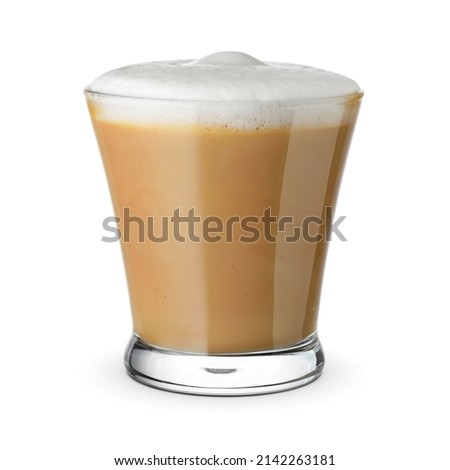 Flat white coffee in a transparent glass isolated on white background. Royalty-Free Stock Photo #2142263181