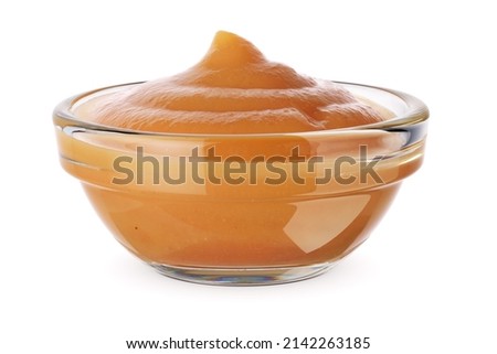 Glass bowl with apple puree healthy baby food isolated on white background. Royalty-Free Stock Photo #2142263185