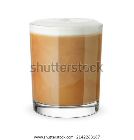 Flat white coffee in a transparent glass isolated on white background. Royalty-Free Stock Photo #2142263187