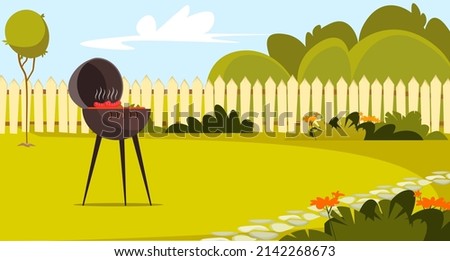 BBQ weekend picnic on lawn, garden or backyard with fence vector illustration. Cartoon charcoal brazier with grilled barbecue sausages on fire, neighbour summer patio with barbeque tools background Royalty-Free Stock Photo #2142268673