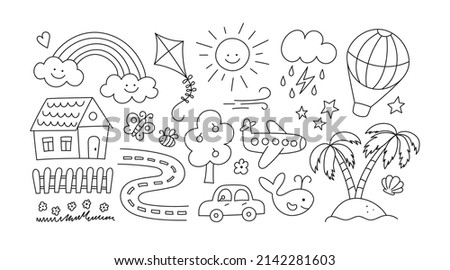 Children drawings set. Kids doodle. Hand drawn road with car and cute house. Sand island and palm trees. Smiling sun, cloud and rainbow. Editable stroke. Vector illustration on white background. Royalty-Free Stock Photo #2142281603
