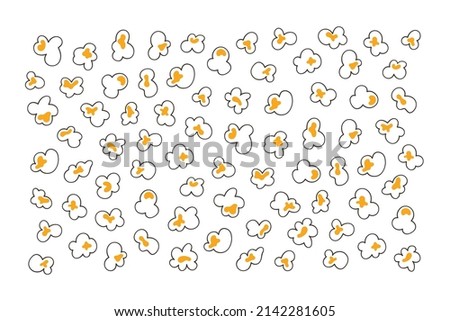 Background with popcorn. Hand drawn pop corn with caramel for cinema. Vector illustration in doodle style on white background. Royalty-Free Stock Photo #2142281605