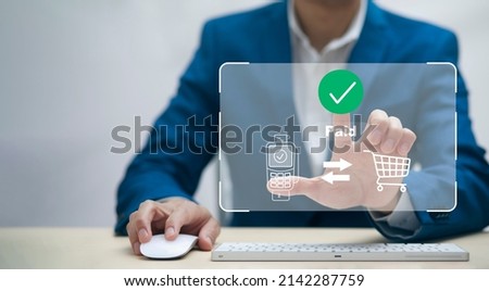 Online payment with digital marketing, Businessman touch banking online bill payment Approved concept button, credit card and network connection icon on business technology virtual screen background Royalty-Free Stock Photo #2142287759