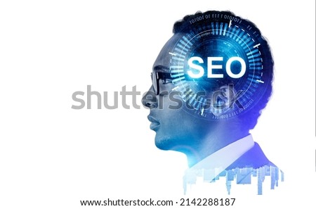 African American businessman is watching at digital interface with seo, search engine optimization. Concept of modern technology of website analysis, keywording, content, ranking and social media