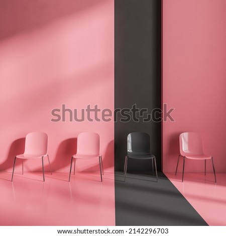 Chairs in a row, black chair stands out of pink. Concept of business, hiring and recruitment. 3D rendering