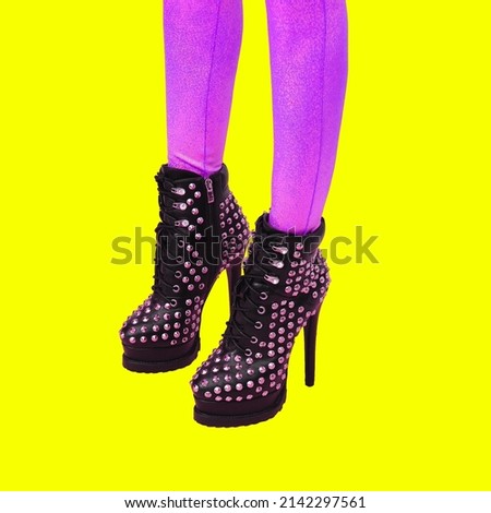 Contemporary digital collage art. Boots Lady shoes unrecognizable feet in isometry. Fashion Disco party concept Royalty-Free Stock Photo #2142297561