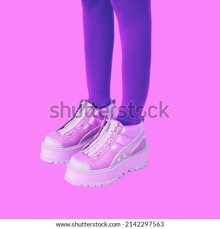 Contemporary digital collage art. Sneakers platform shoes unrecognizable feet in isometry. Fashion footwear concept Royalty-Free Stock Photo #2142297563