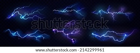 Realistic thunderstorm electric lightning effect with glowing and shining. Vector illustration, isolated thunderbolt flare on black background. Neon burst or dazzle at sky, weather condition Royalty-Free Stock Photo #2142299961