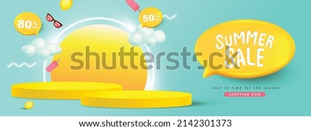 Colorful Summer sale banner with product display cylindrical shape  Royalty-Free Stock Photo #2142301373