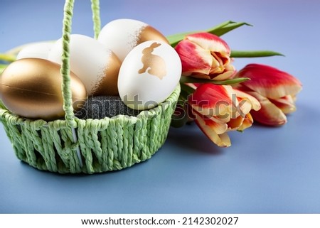 Tulip flowers and golden easter eggs in the basket on blue background. Happy Easter greeting card. 