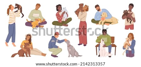 Men and women caring for pets, isolated male and female personage cuddling cats and dogs. Vector flat cartoon characters spending time with canine and feline animals, cheerful people Royalty-Free Stock Photo #2142313357