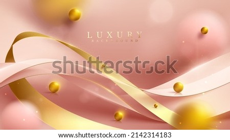 Pink luxury background with ribbon element and 3d gold ball decoration with blur effect and glitter light and bokeh.