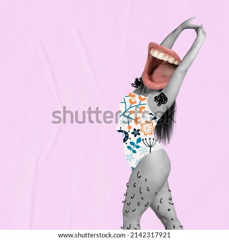 Contemporary artwork. Woman with mouth head, with drawn hair on legs and armpits isolated over pink background. Concept of body positivity, social issues, femininity, self-acceptance, self-love