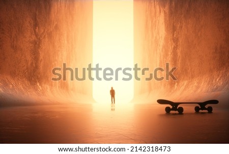 Man looks at the light, between two walls Royalty-Free Stock Photo #2142318473