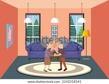 Living room with old couple cartoon illustration