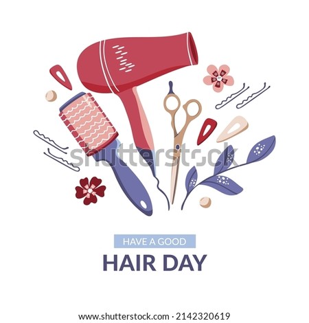 Decorative hairdresser tools. Hand drawn vector illustration template design for poster, postcard, banner, flyers, invitation