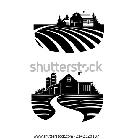 Rural landscape panoramic format with a farm set icons vector.