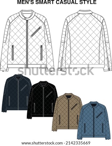Men's boy's smart casual quilted jacket with zipper pockets, stand collar and decorative stitching sketch vector