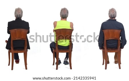back view of same men with various outfits siitng on chair on white background