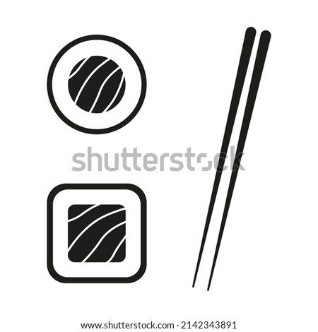 Chopsticks with sushi roll. Sushi utensil black silhouette. Asian seafood. Vector isolated on white.