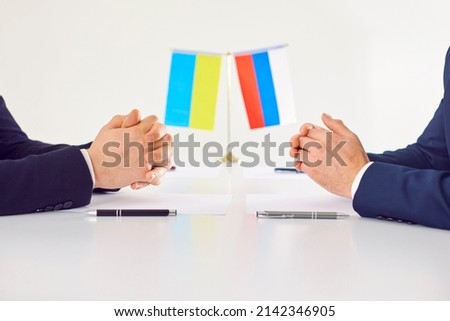 Ukraine and Russia state representatives negotiate to cease Russian Federations war invasion, end special operation, sign peace treaty and stop conflict in Donetsk and Luhansk republics in Donbass Royalty-Free Stock Photo #2142346905