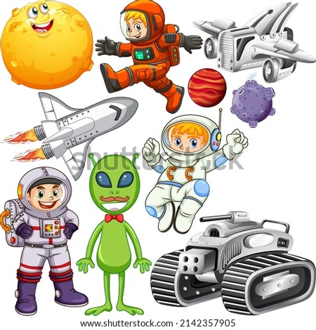 Set of space objects on white background illustration