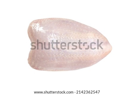 Raw chicken breast isolated on white background. Fresh uncooked part of broiler hen with skin. Top view.