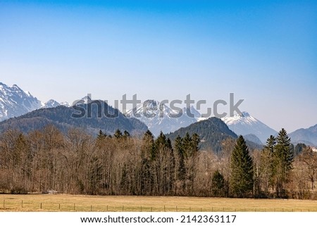 Landscape photo, Alpine mountains on the horizon, trees in front.
