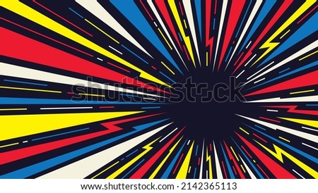 Radial speed lines background for comic books. Color rays of explosion. Speed motion in hyperspace tunnel. Abstract comic wallpaper for media advertising.  Royalty-Free Stock Photo #2142365113
