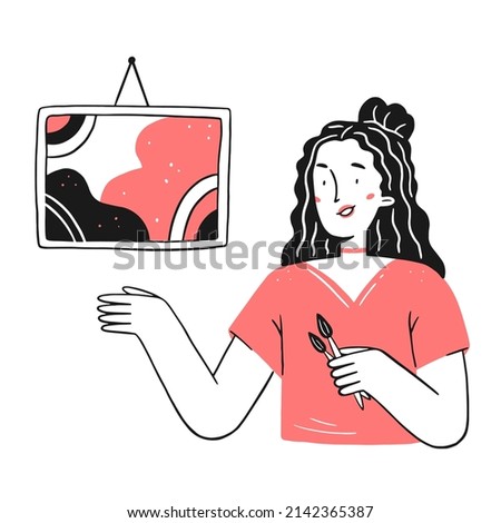 A happy woman artist shows a picture. Happy character creator. The girl shows a painted picture. Vector hand-drawn illustration.