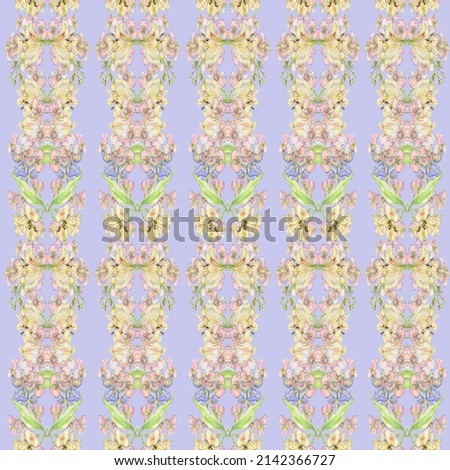 Decorative seamless pattern from stripes of watercolor pastel pink, yellow and purple flowers drawn by hand on a white background. Delicate flower composition for wallpaper, texile, cover, desing